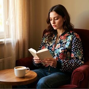 Marie Claire Boutiques Floral Bomber Jacket, zip front & pockets 🌺🌸🌼🌷